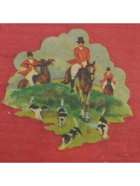 Vintage Red Wooden Box Hunt Scene Decal Floral Interior Keepsake Jewelry Storage
